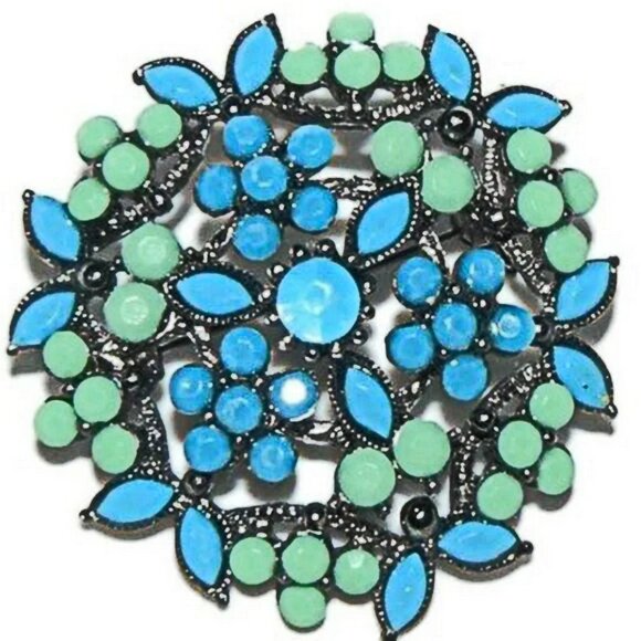 Turquoise Blue and Green Rhinestone Brooch - Picture 1 of 4